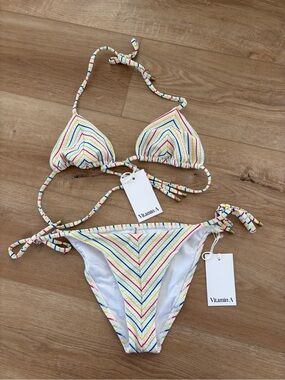 Vitamin A Multistripe Triangle Bikini in White with Rainbow Stripes